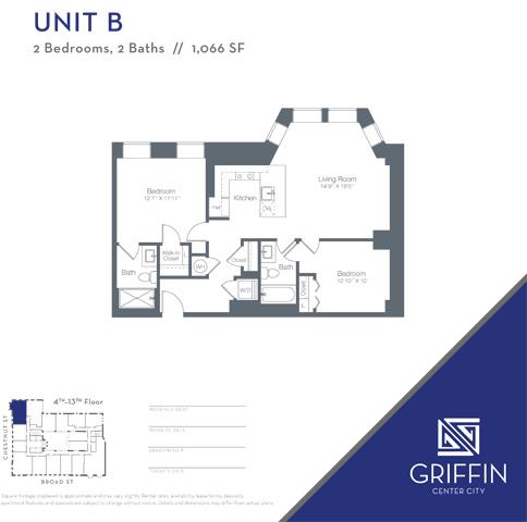 Floor plan for 2 beds, 2 baths, 1066 sqft